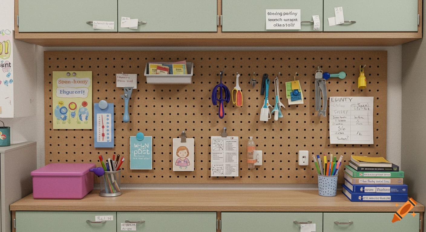 A detailed view of a classroom workspace featuring a large pegboard filled with various tools and notes above a counter with supplies and books.