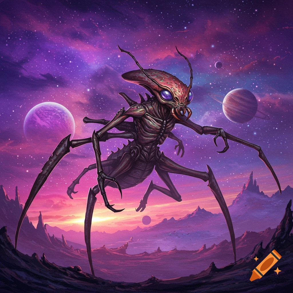 A detailed illustration of a large, brown insectoid alien standing on an alien planet surface with moons and planets in a purple and pink starry sky.