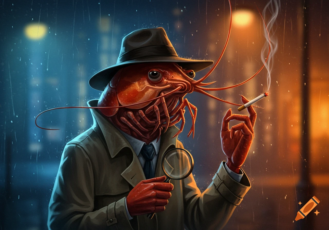Anthropomorphic prawn detective smoking a cigarette in the rain