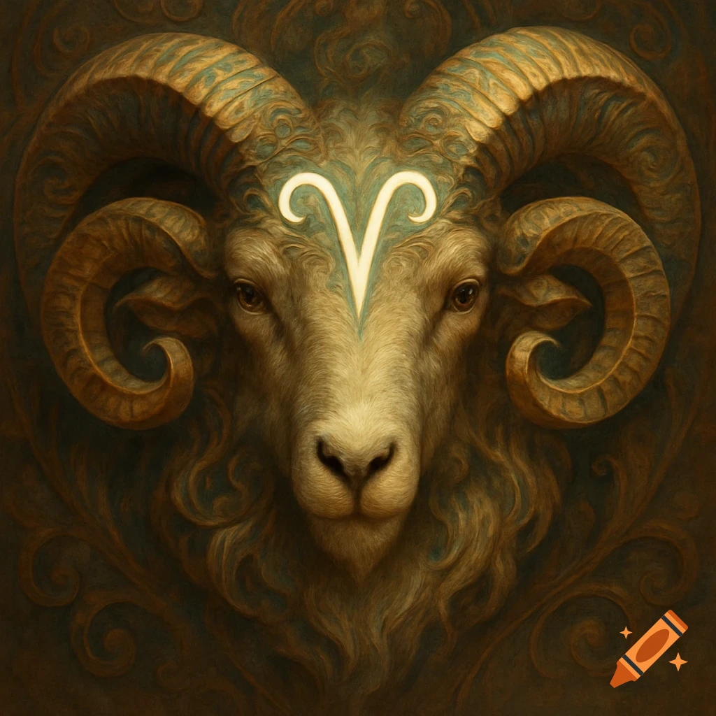 Close-up of an ornate ram's head with the Aries zodiac symbol on its forehead.