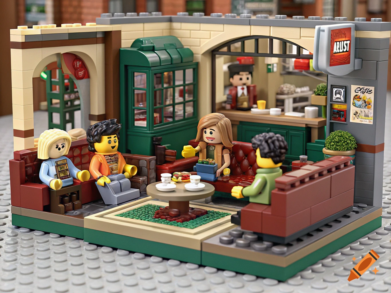 LEGO set depicting a scene from the Friends TV show with minifigures in a coffee shop.