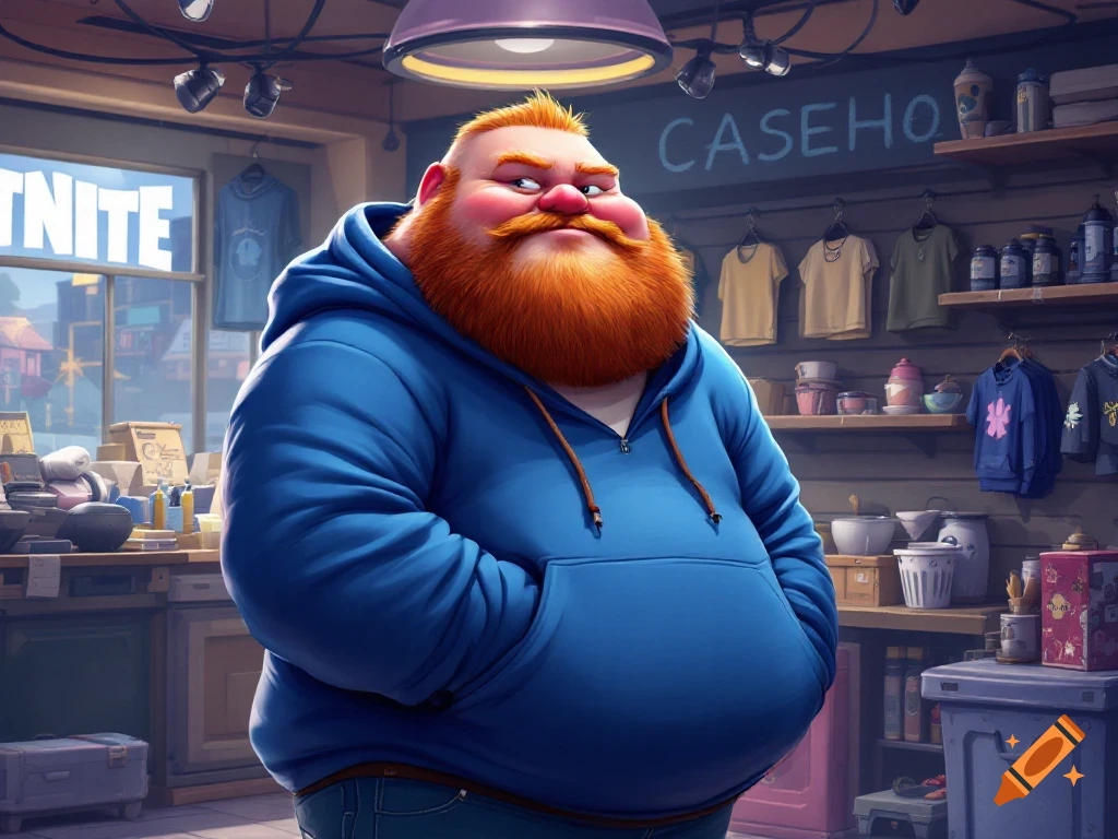 Cartoonish fat ginger man in a blue hoodie standing in a Fortnite item shop.