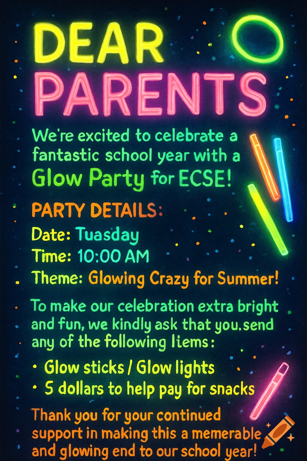 A glow party invitation poster for parents featuring neon text and glowing sticks.