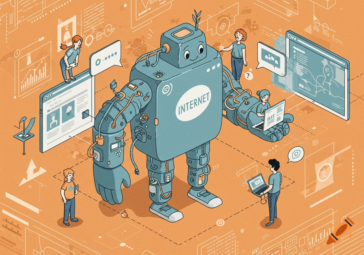 Isometric cartoon illustration of a large blue robot labeled 'INTERNET' interacting with people around screens and data interfaces.