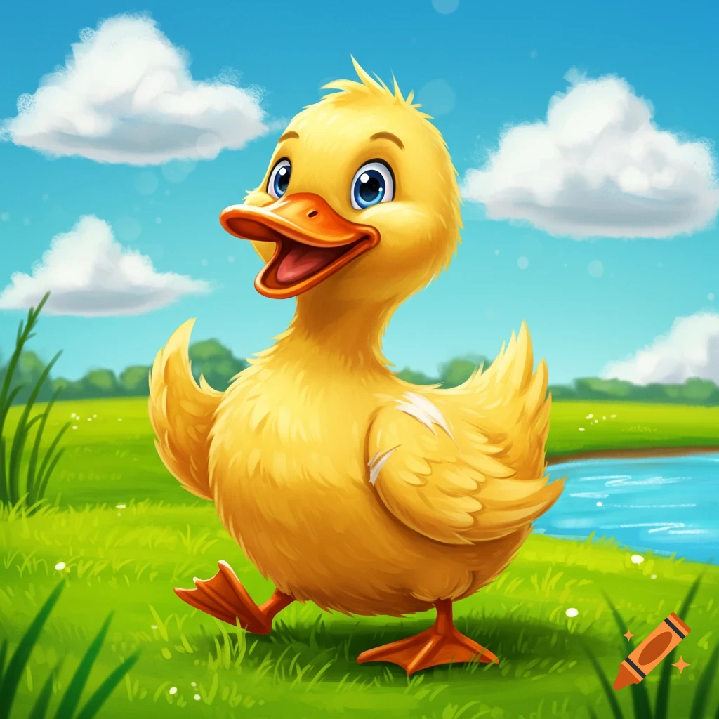 A cute cartoon yellow baby duck walks in a grassy field beside a pond under a blue sky.
