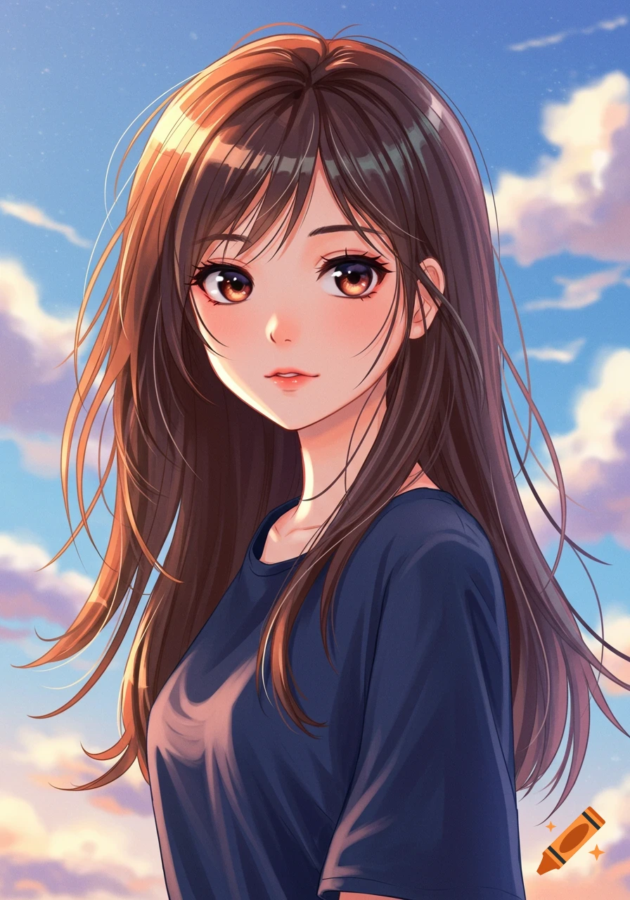Anime portrait of a girl with long brown hair and brown eyes wearing a ...