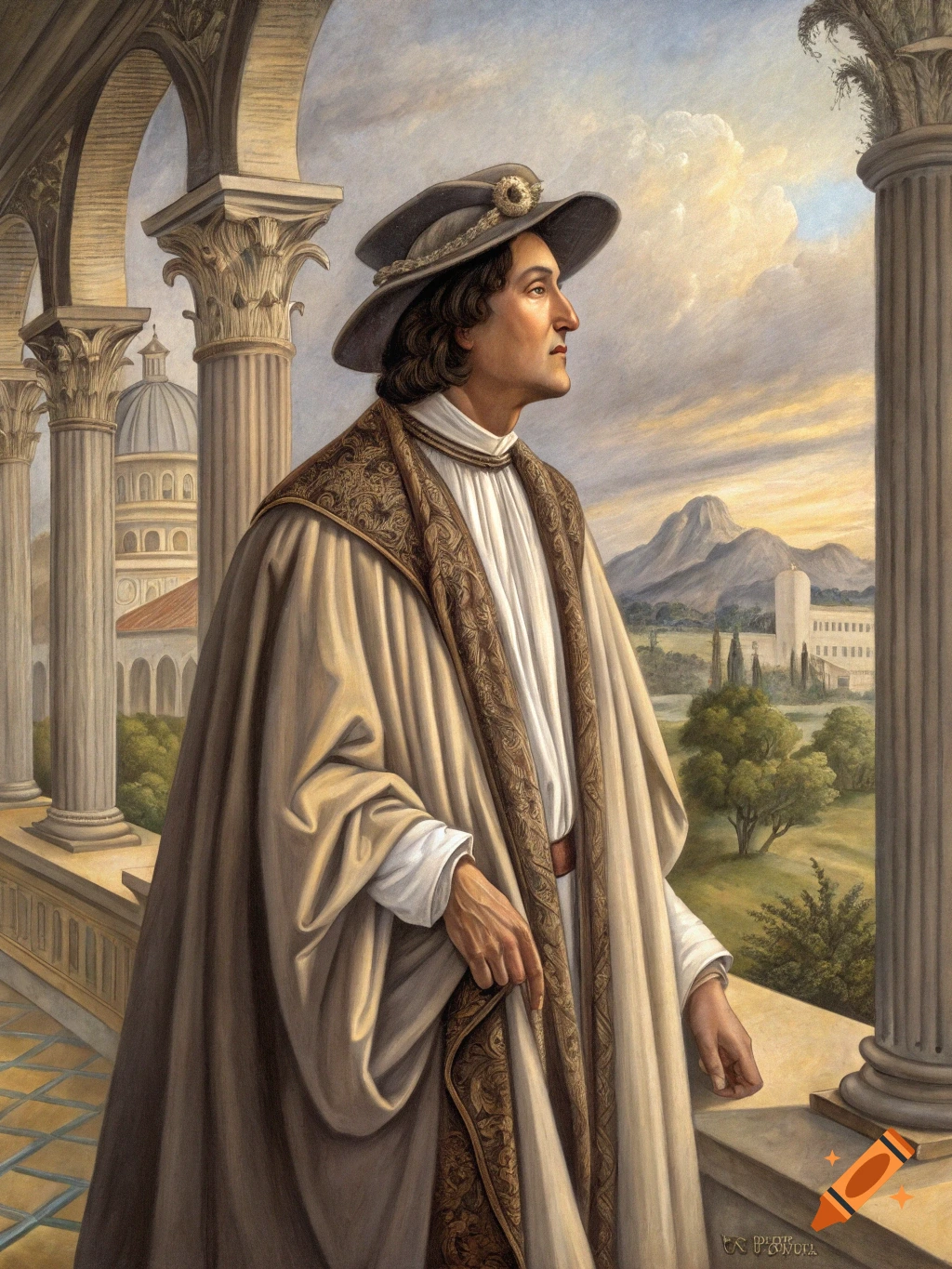 Painting of a person in Renaissance attire on a balcony overlooking a landscape.