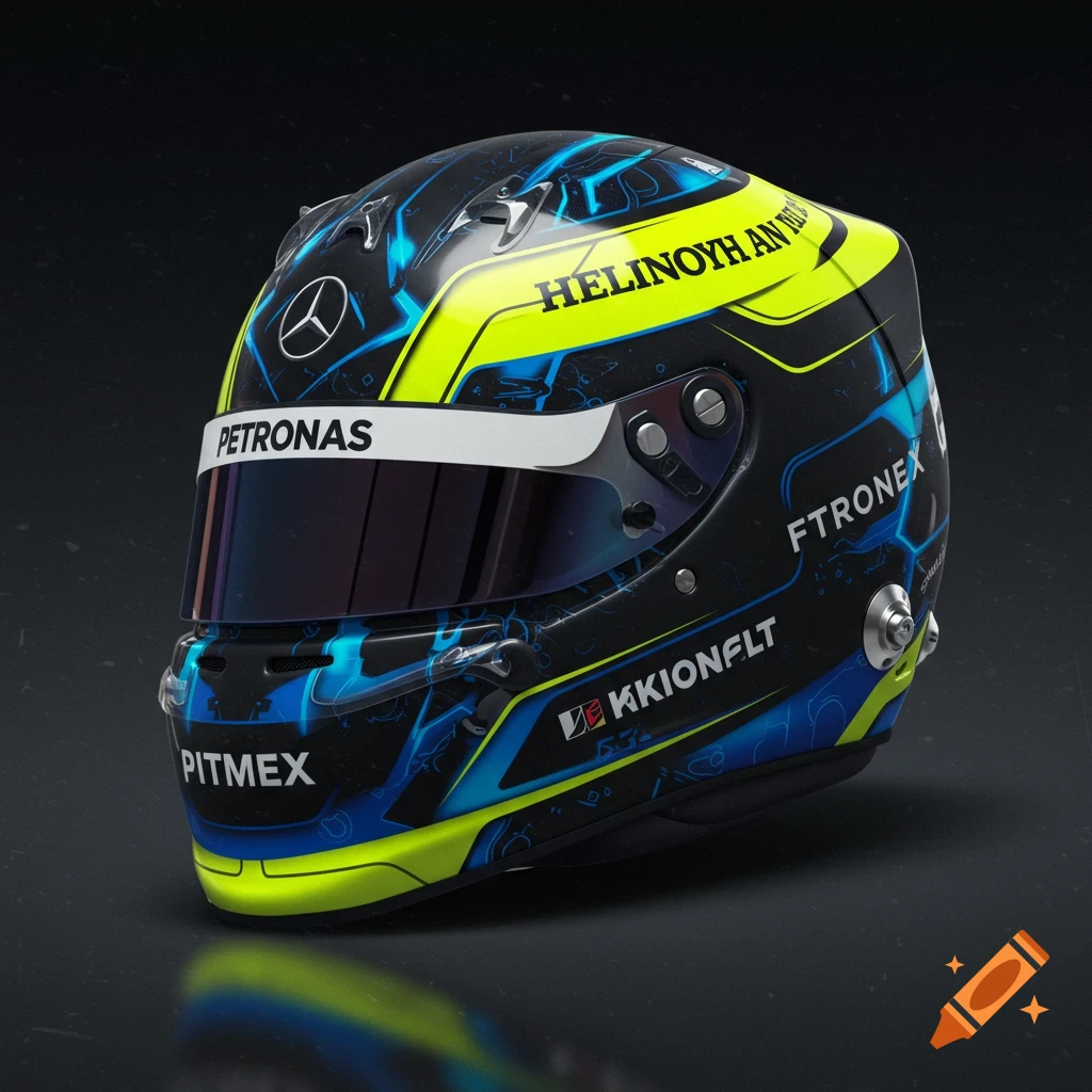 A detailed render of a racing helmet with a black, blue, and yellow lightning design.