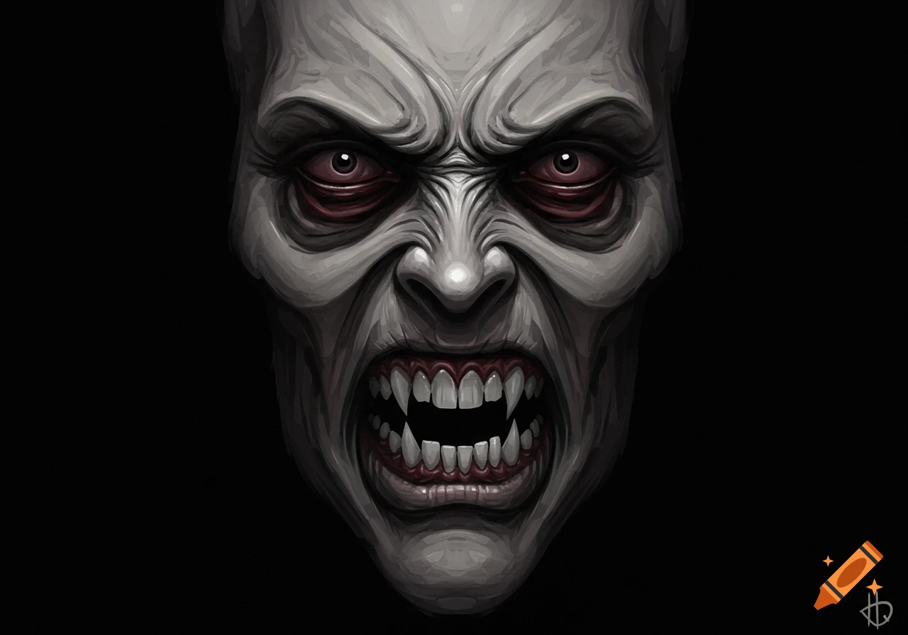 Close-up illustration of a scary vampire face with fangs and red eyes.