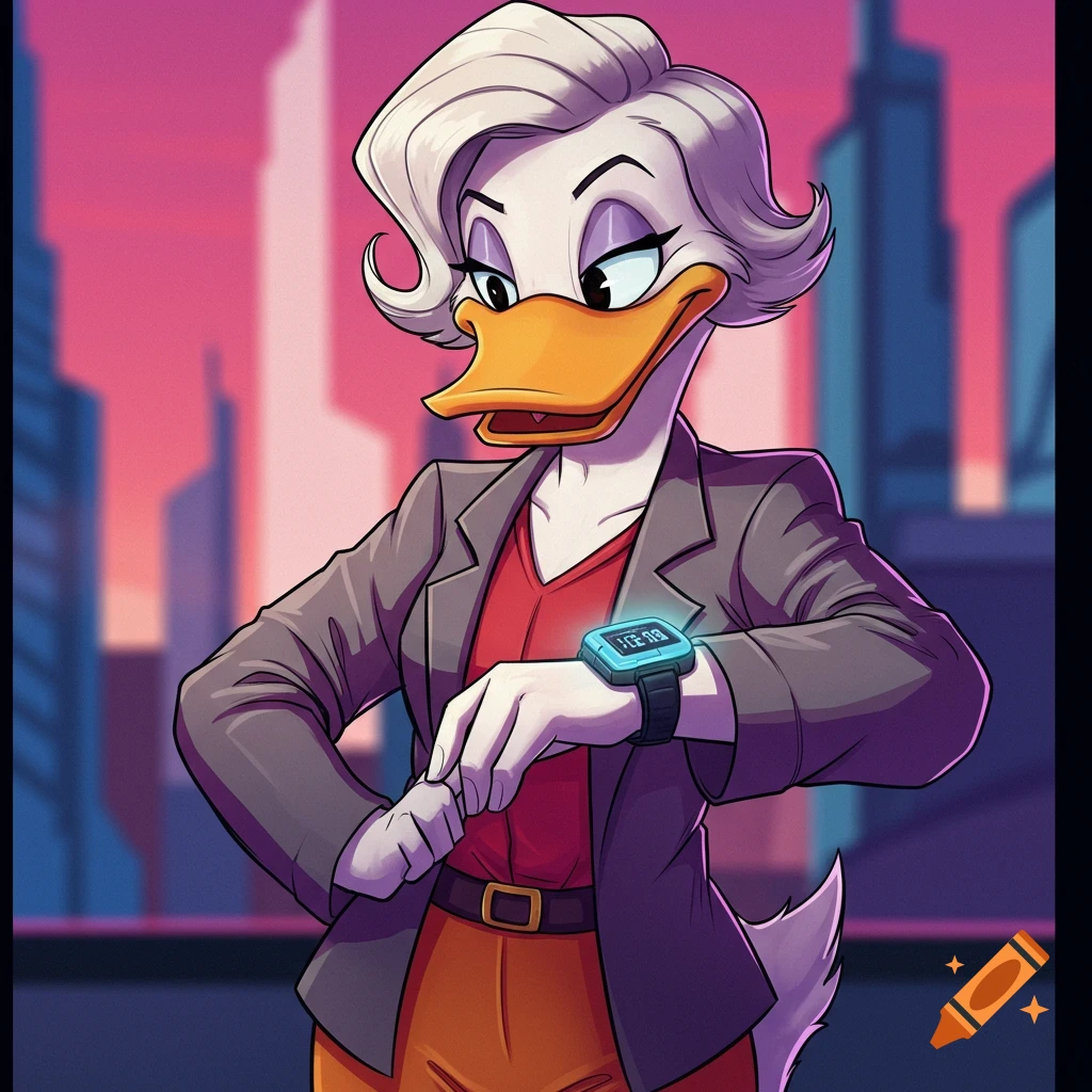 Cartoon duck in a business suit looking at their smartwatch in front of a city skyline.