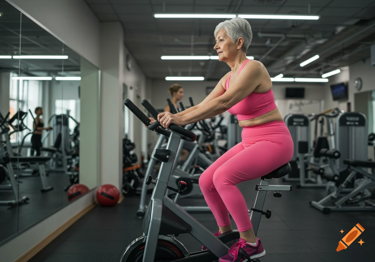 Elderly woman riding an exercise bike in a gym