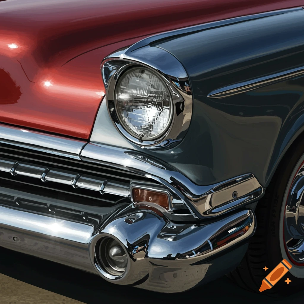 Close-up painting of a classic car's chrome bumper, grill, and headlight