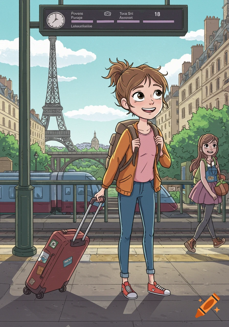 Cartoon illustration of young woman at a train station in Paris with suitcase and Eiffel Tower in background.
