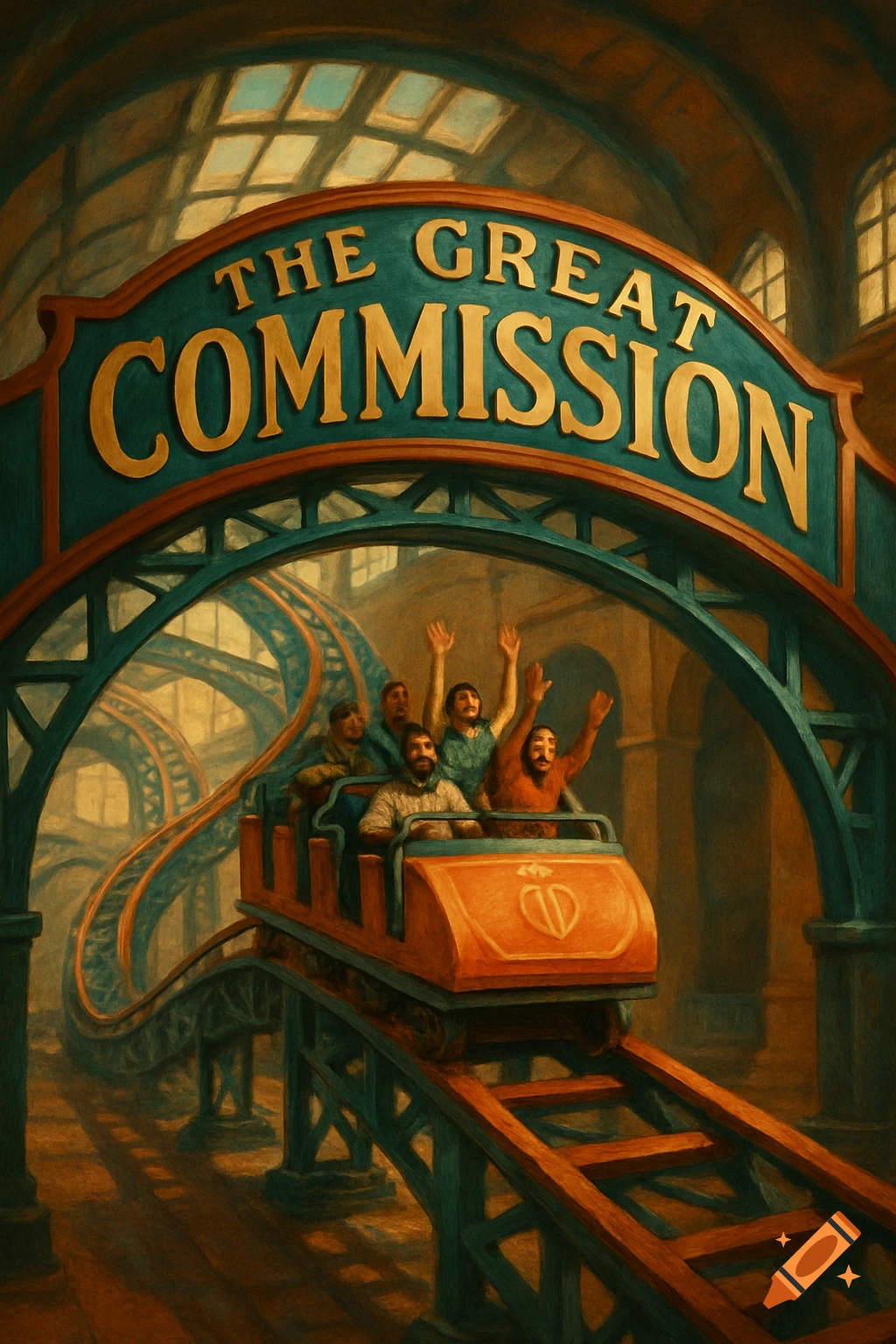 People on a rollercoaster under a sign that says 'The Great Commission', painted illustration.