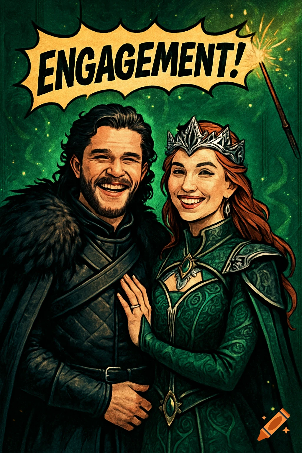 Stylized illustration of a couple in fantasy outfits, like Jon Snow and a queen, with 'ENGAGEMENT!' text.