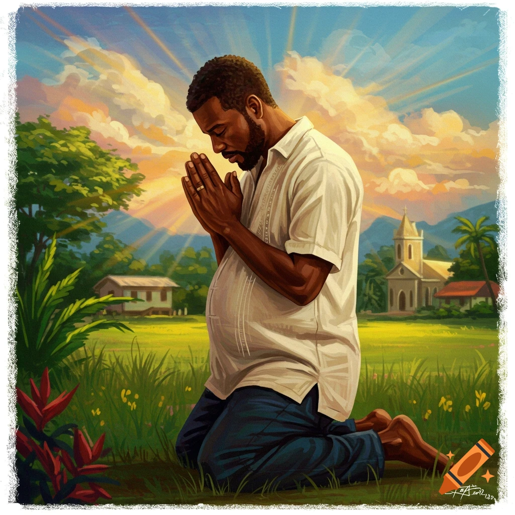 Man kneeling and praying in a sunny tropical field with a church in the background.