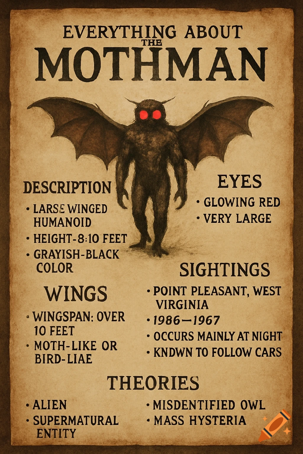 Vintage-style poster describing the Mothman creature, featuring a dark, winged humanoid with glowing red eyes on aged paper.