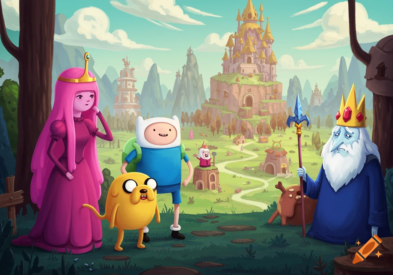 Adventure Time characters Princess Bubblegum, Finn, Jake, Lumpy Space Princess, and Ice King standing in a painterly fantasy landscape with a castle.