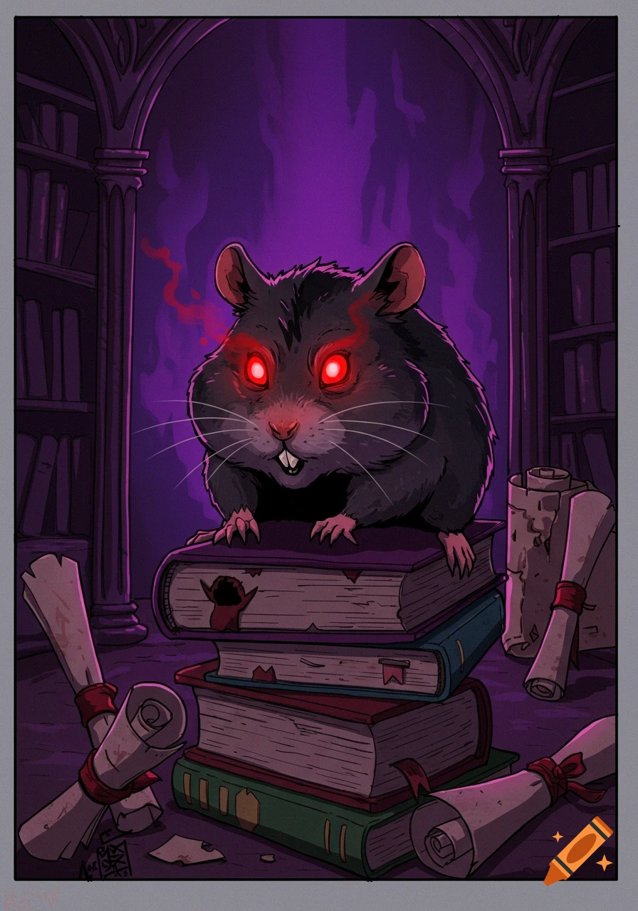 An illustration of a dark hamster with glowing red eyes sitting on a stack of books in a gothic library, with scrolls around.