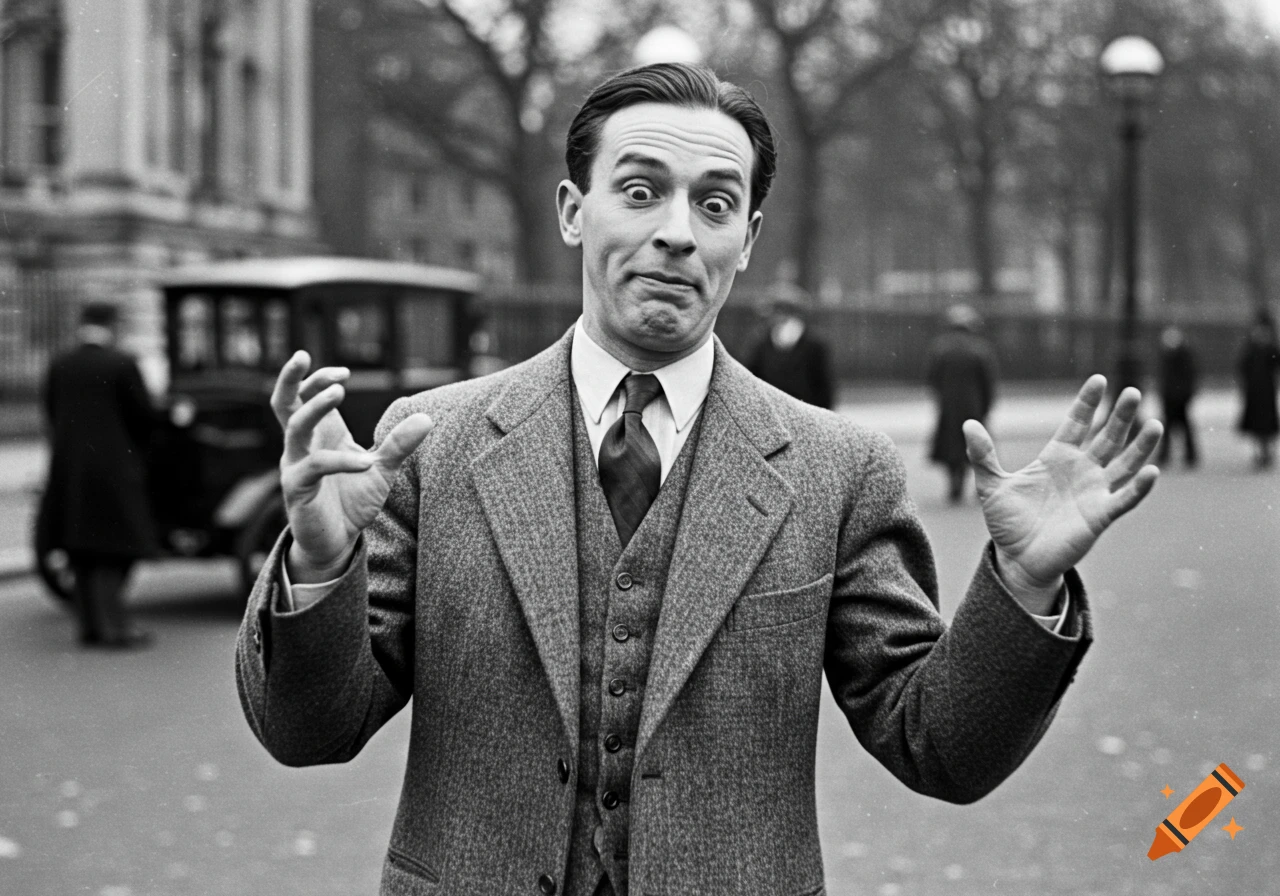 Black and white photo of a man in a suit making a funny face and gesturing