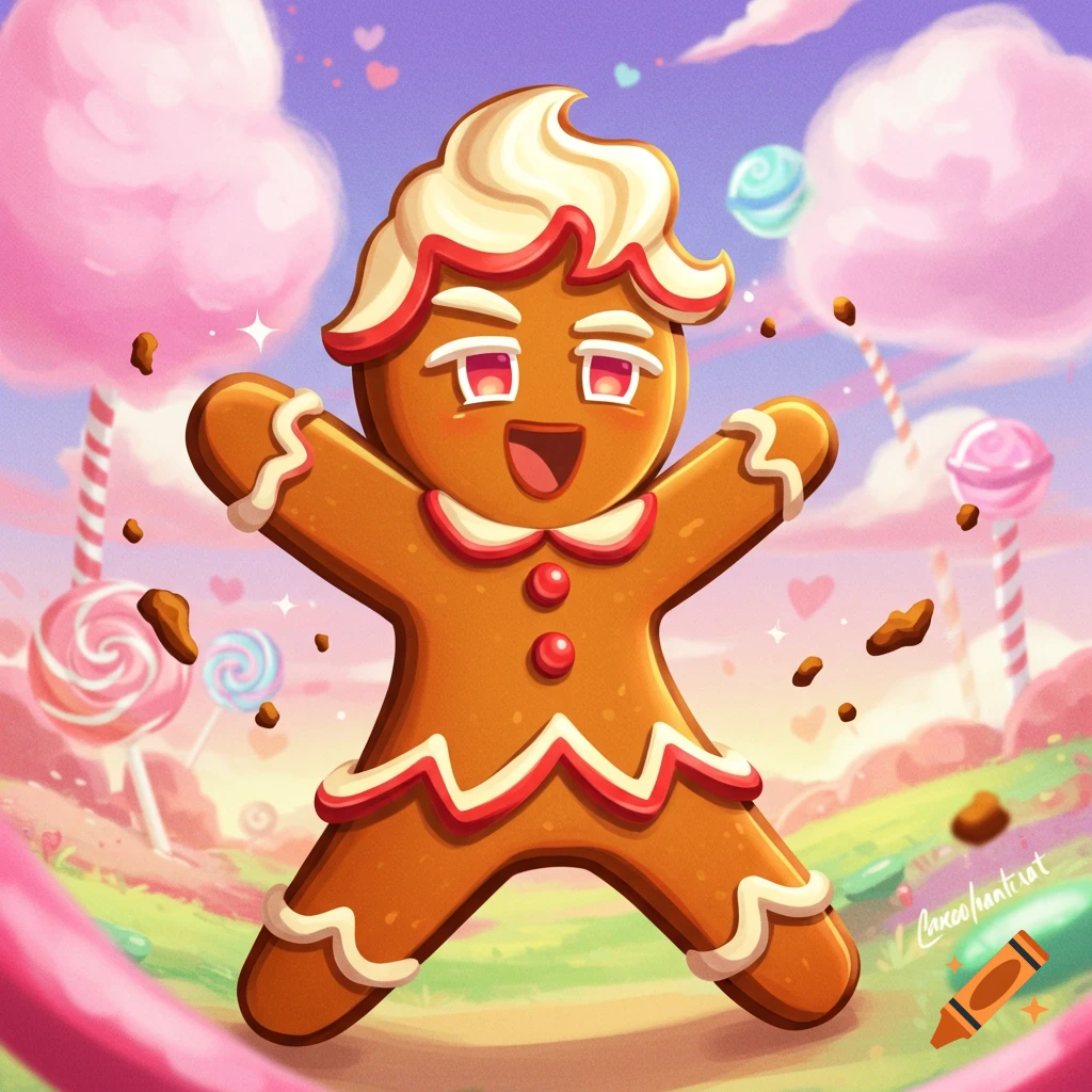 Cartoon gingerbread man character jumping in a colorful candy land with lollipops and pink clouds.