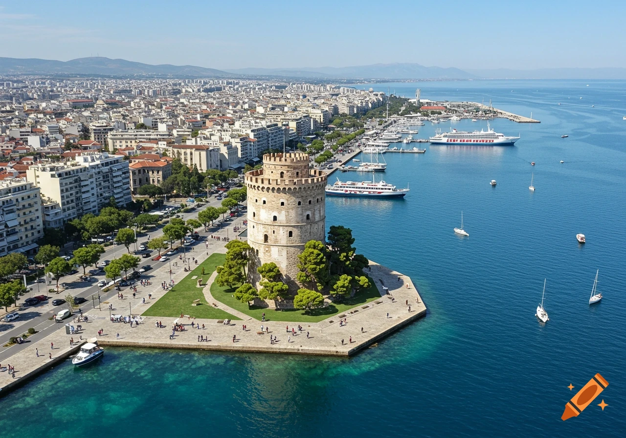 Aerial view of the White Tower of Thessaloniki, Greece, with the city, park, and bay with boats.