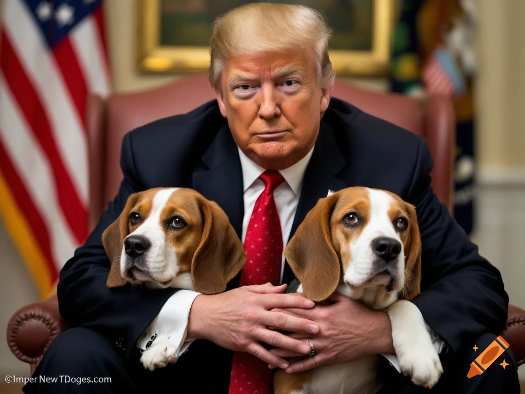 Donald Trump sitting with two beagles in his arms on Craiyon