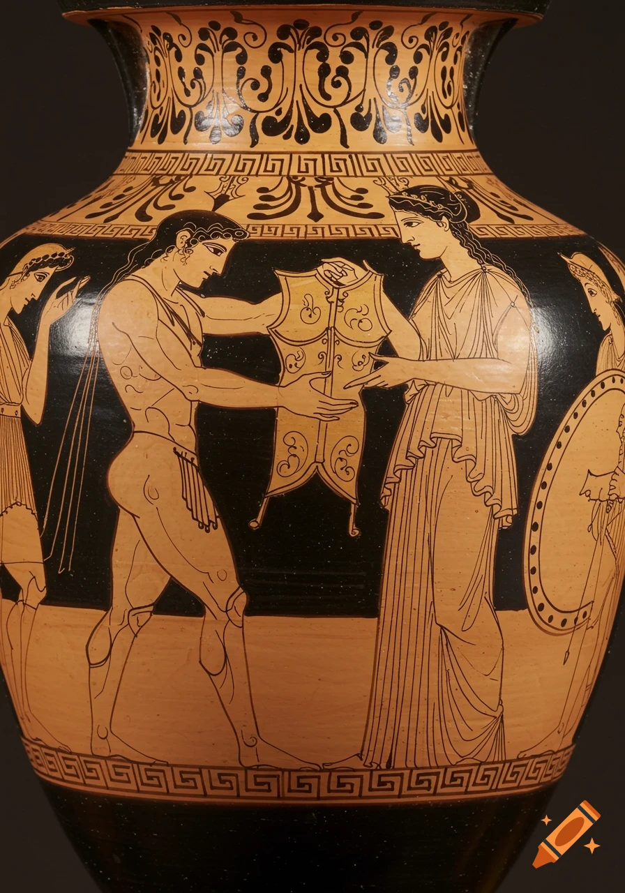 Achilles receiving armor from Thetis on a Greek vase