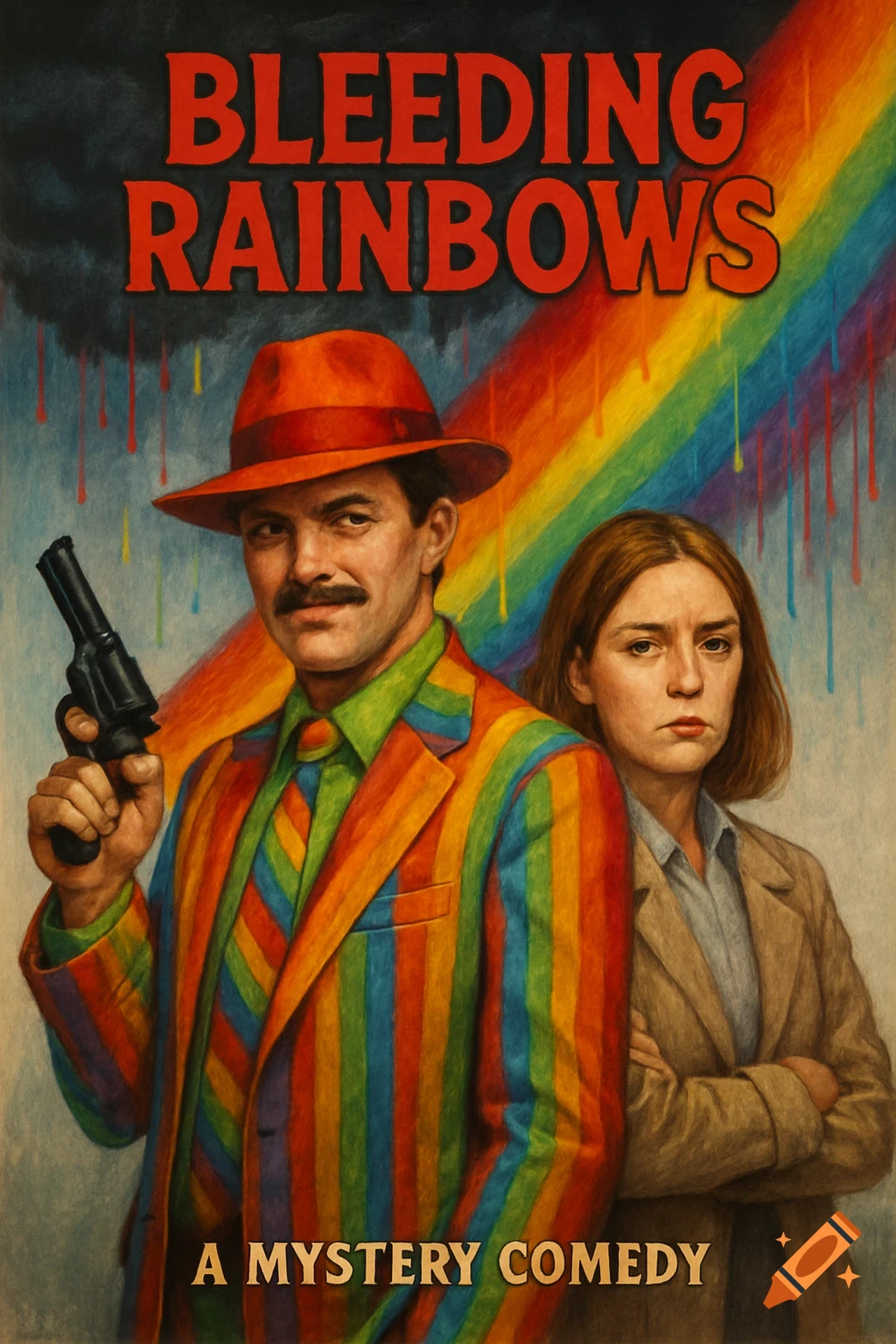 Movie poster for 'Bleeding Rainbows' featuring a man in a rainbow suit with a gun and a woman.