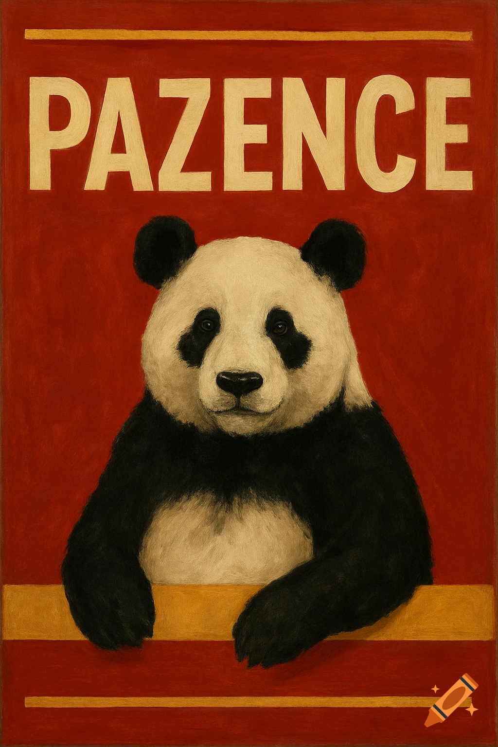 Painting of a panda on a red banner with the word PAZENCE