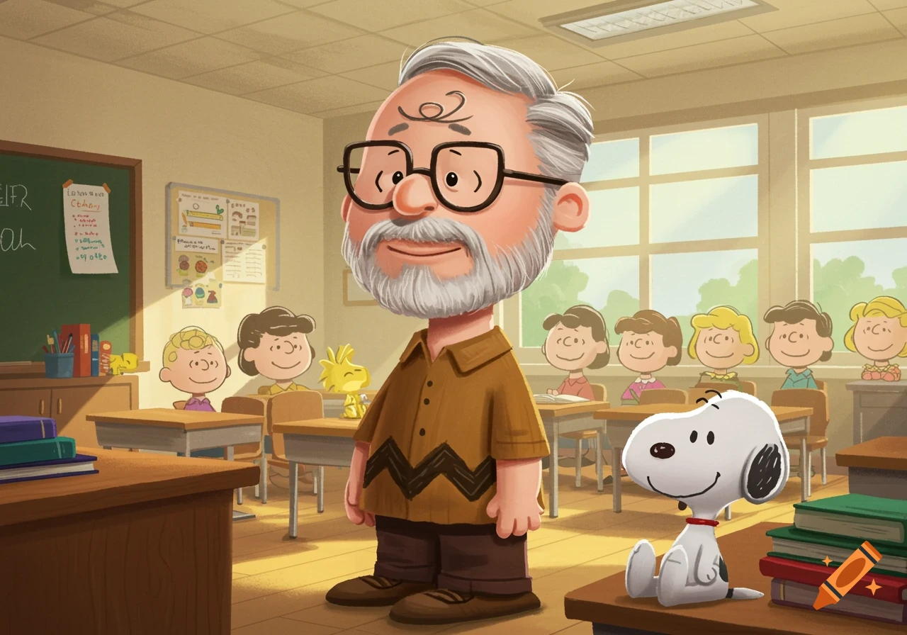 Adult Charlie Brown as a teacher with Snoopy and students in a cartoon classroom.