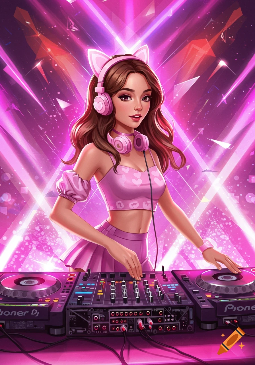 Female DJ in pink with cat ear headphones mixing music at a deck in a venue with pink lighting.