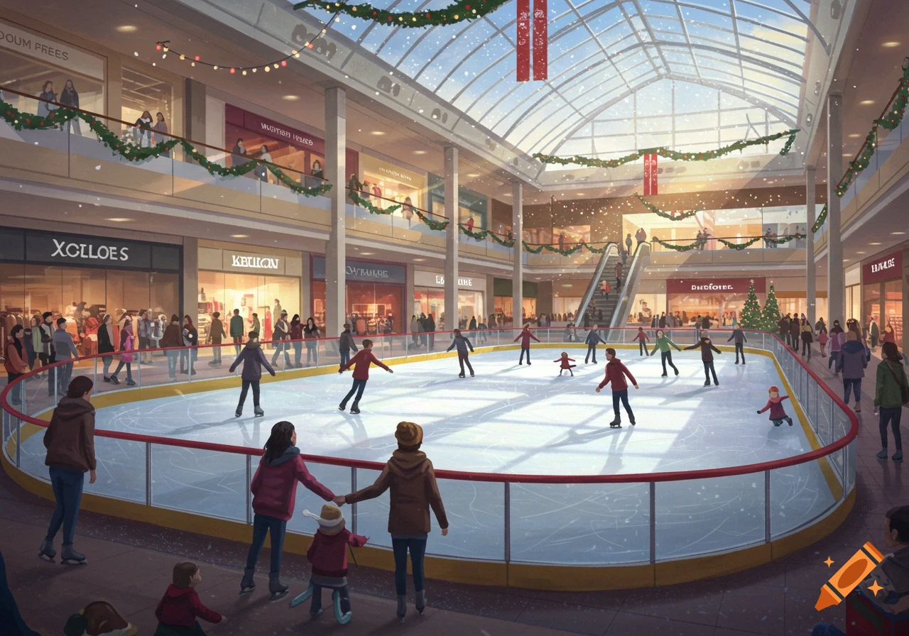 Digital painting of people ice skating in a festive mall atrium decorated for Christmas.