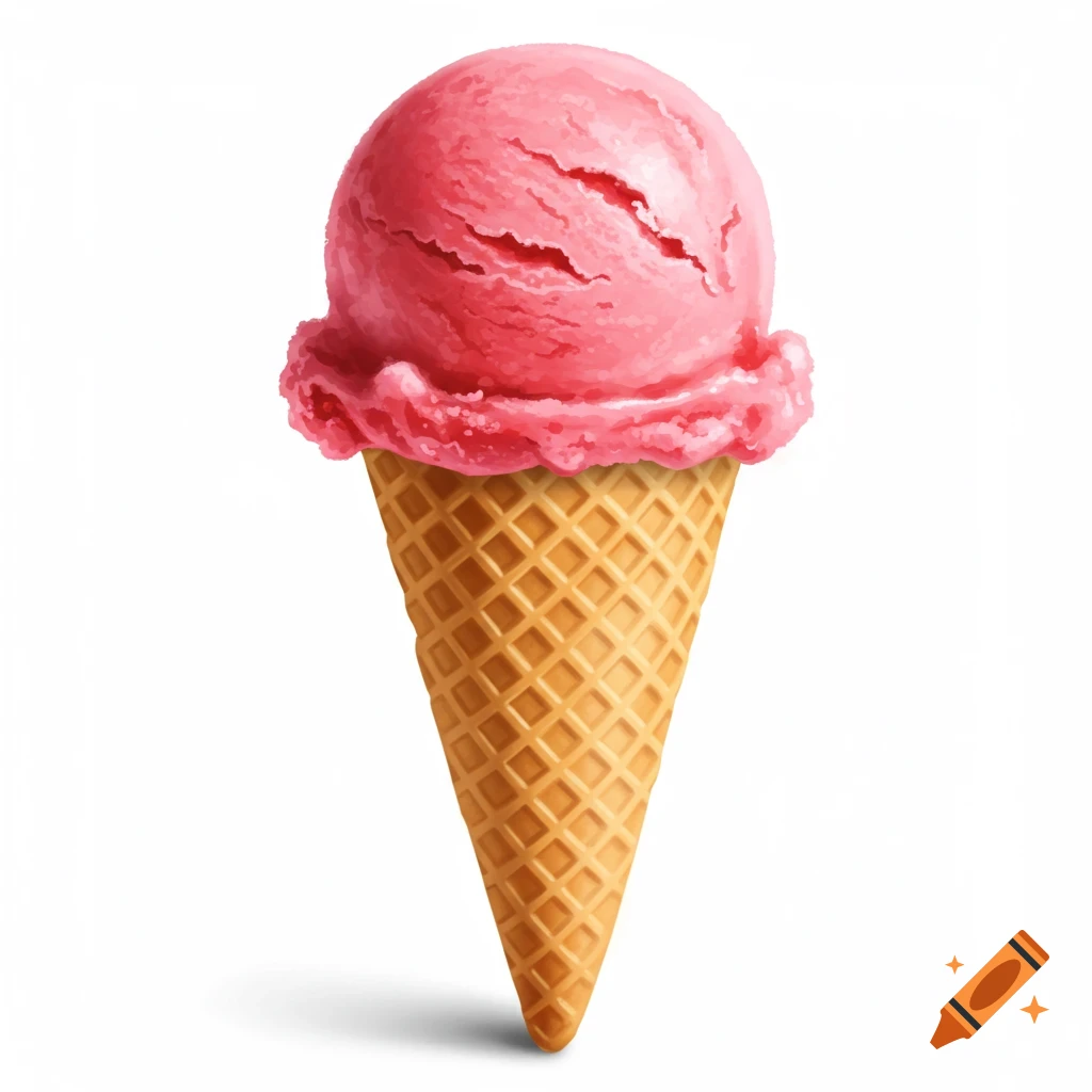 Pink ice cream scoop on a waffle cone against a white background.