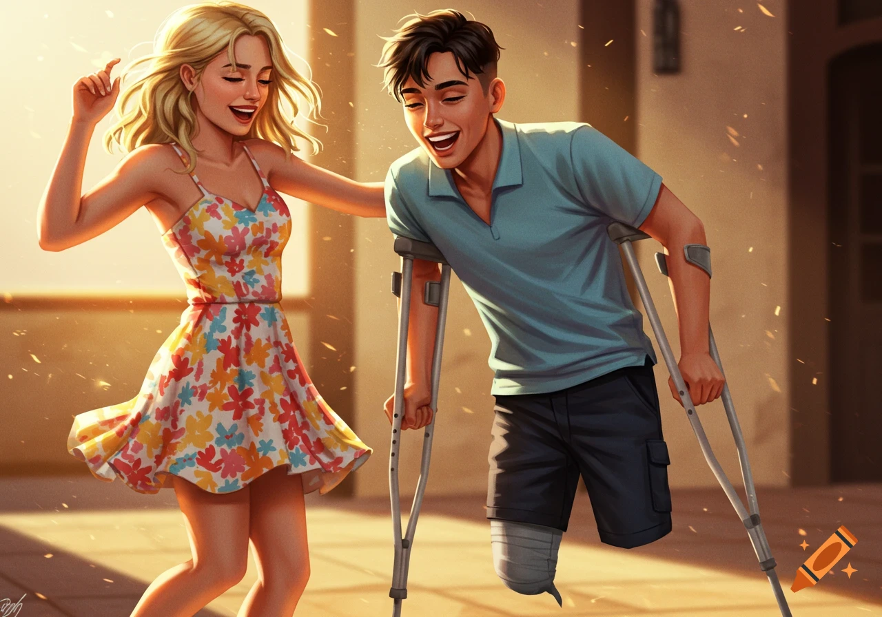 Digital painting of a happy blonde woman and a man with a prosthetic leg and crutches dancing.