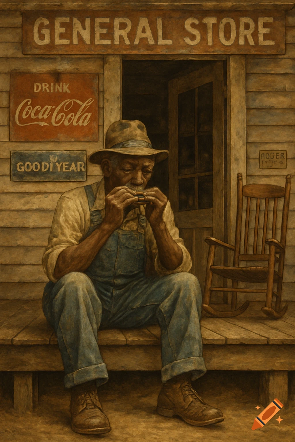 Elderly Black man playing harmonica on general store porch, in Americana folk art style.