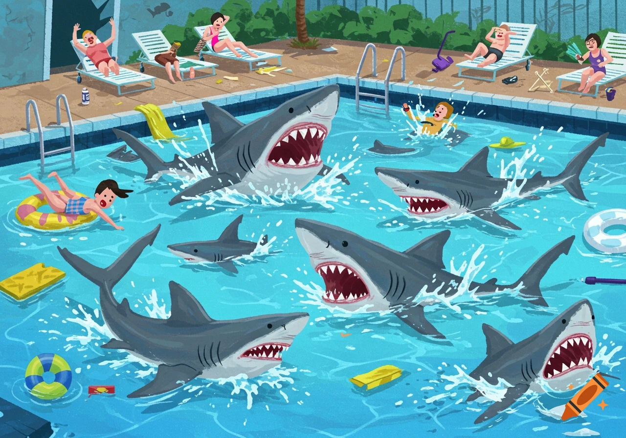 Cartoon illustration shows multiple sharks swimming in a crowded public pool, surprising and panicking the swimmers.