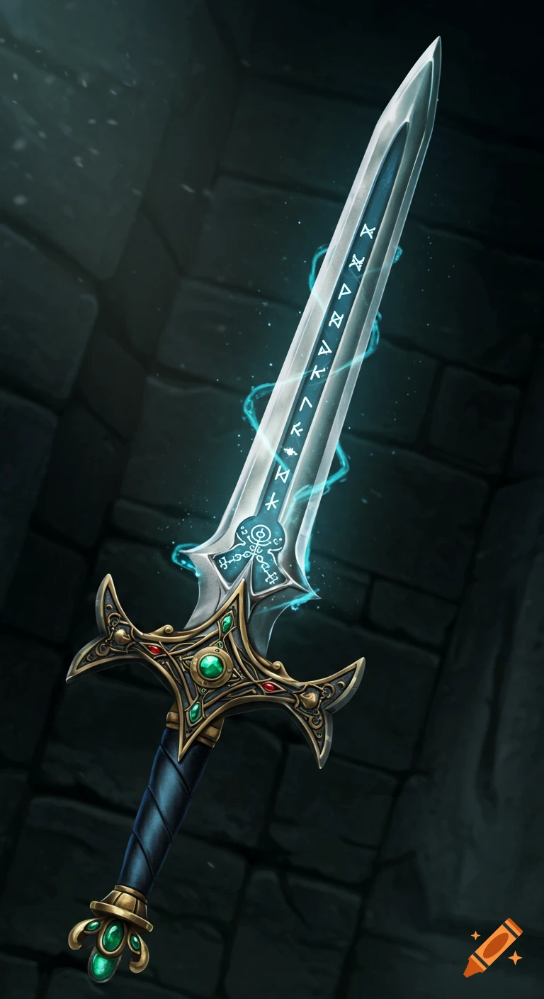 A fantasy sword with glowing runes on the blade and jeweled handle.