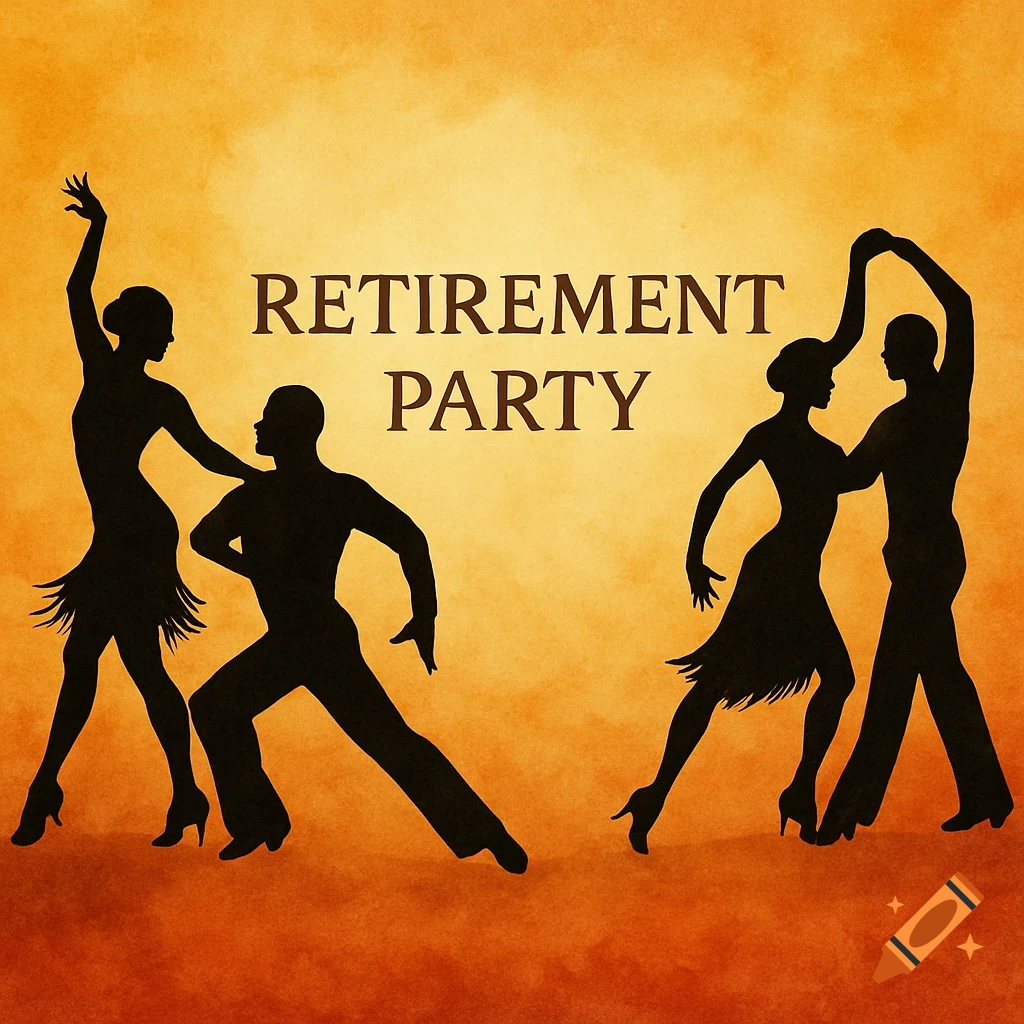 Silhouettes of Latin dancers on an orange background with the text 'RETIREMENT PARTY'