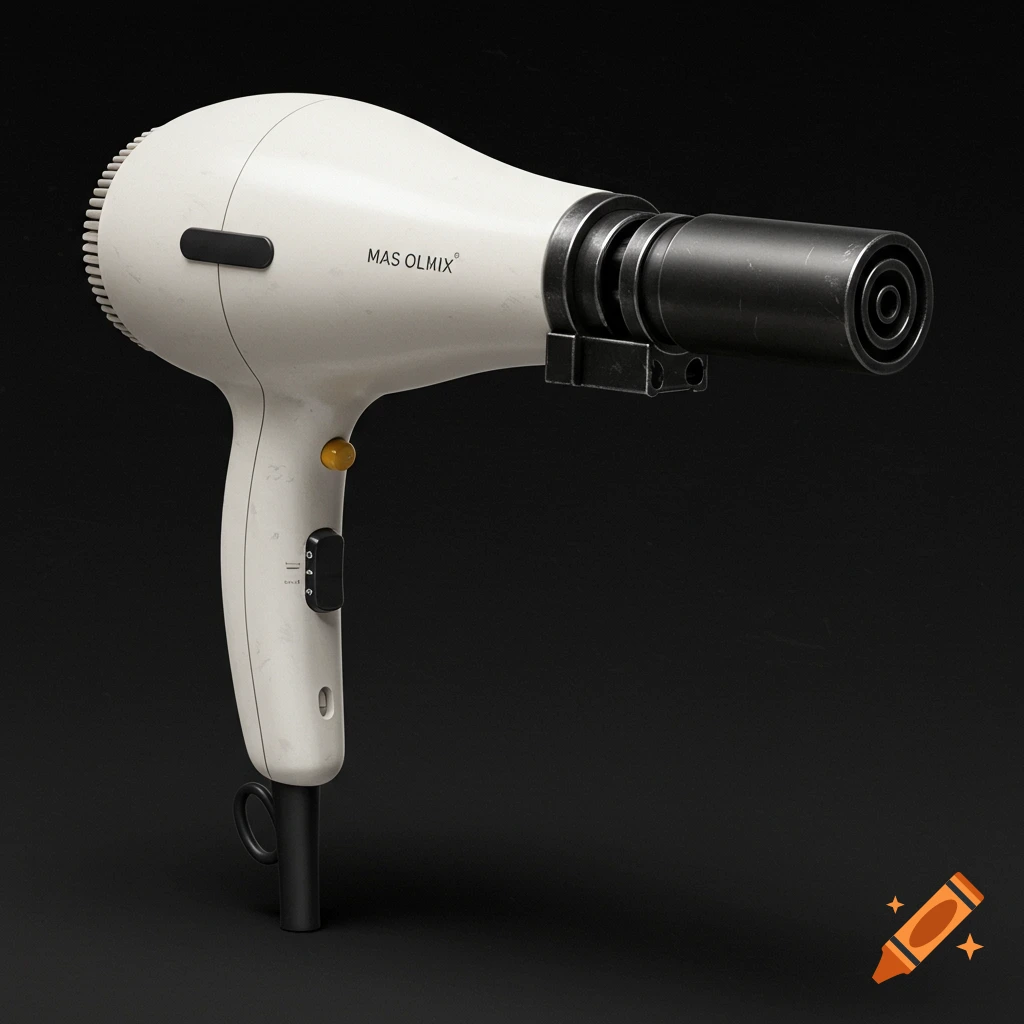 A photorealistic image of a white hair dryer with a black gun silencer attached to the nozzle, on a black background.