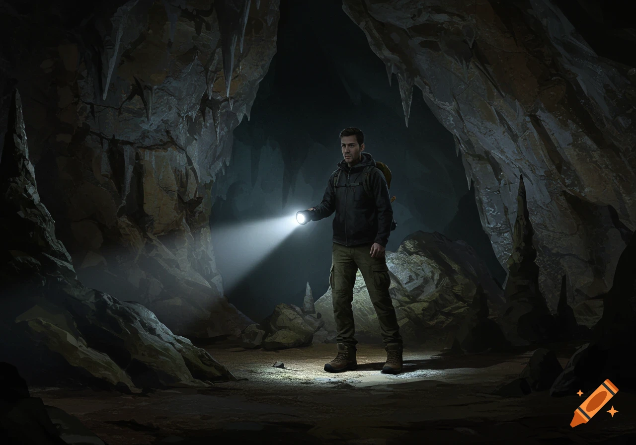 Man with flashlight exploring a dark cave