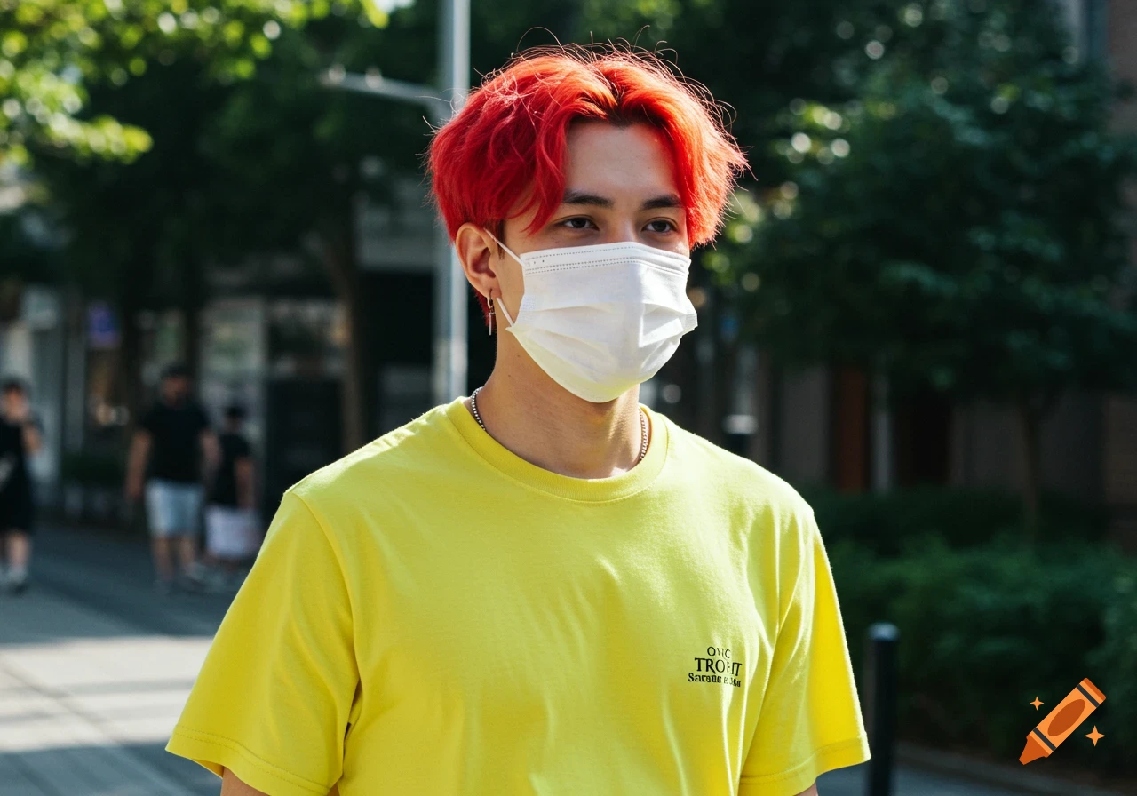 Person with red hair, yellow t-shirt, and white mask on street