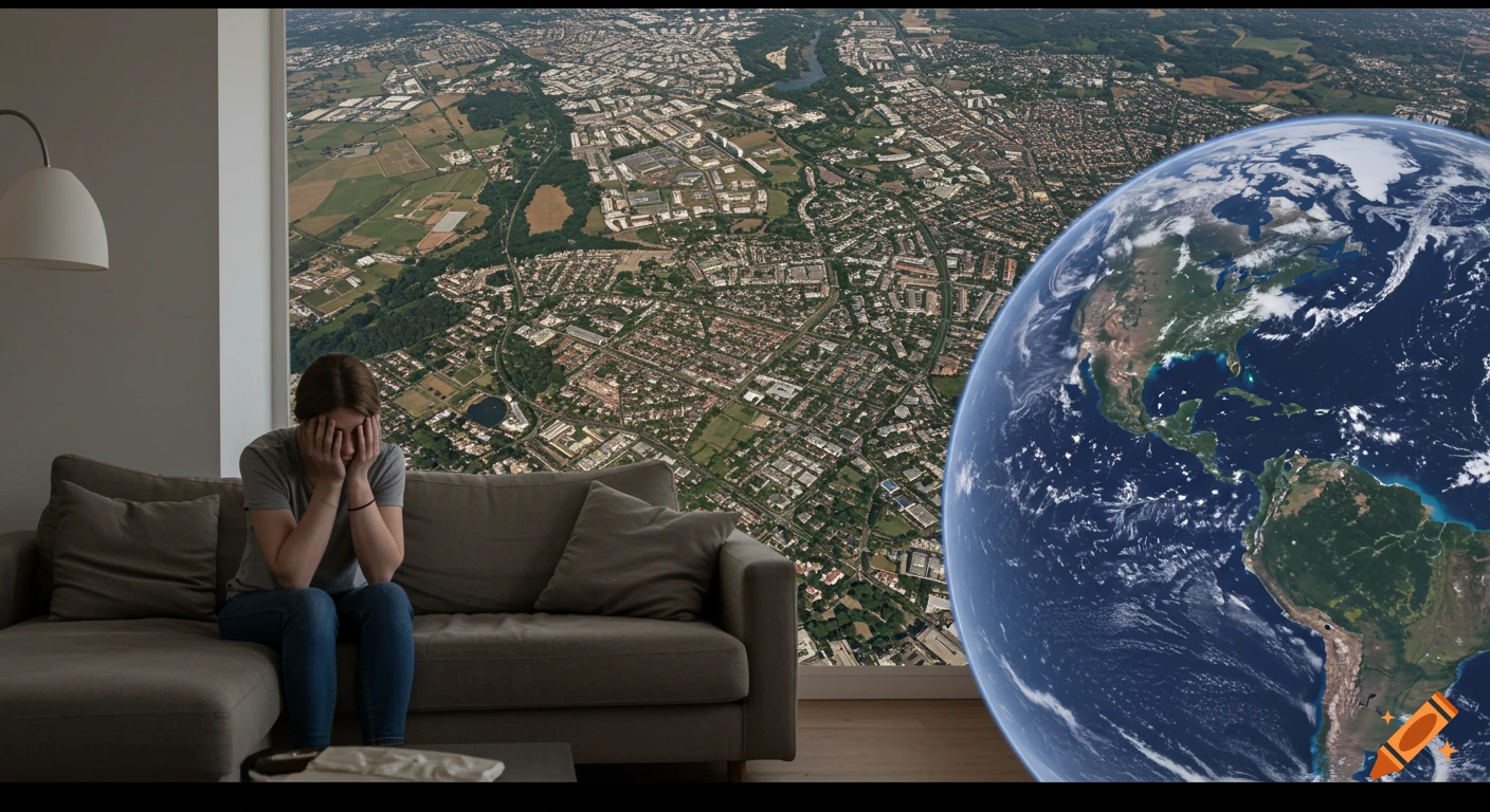 A distressed woman sits on a couch looking out a window showing a city, landscape, and the Earth.