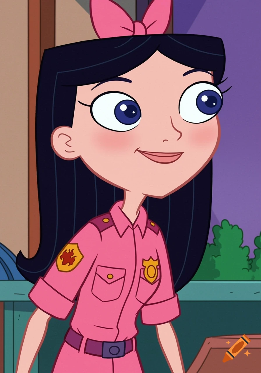 Isabella from Phineas and Ferb smiling, wearing a pink police uniform with badges, in a cartoon style.