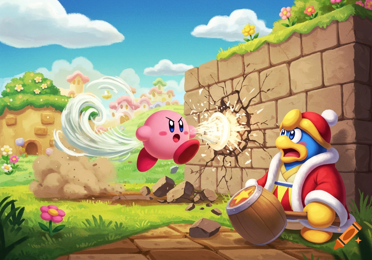 Kirby blasts a hole in a brick wall as King Dedede watches in shock in a cartoon style.