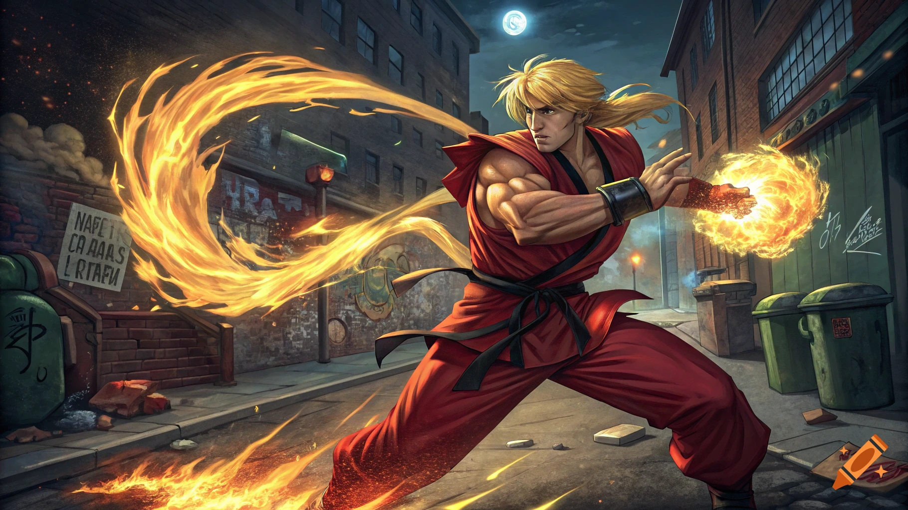 Anime style character performing fire attack on a night urban street.