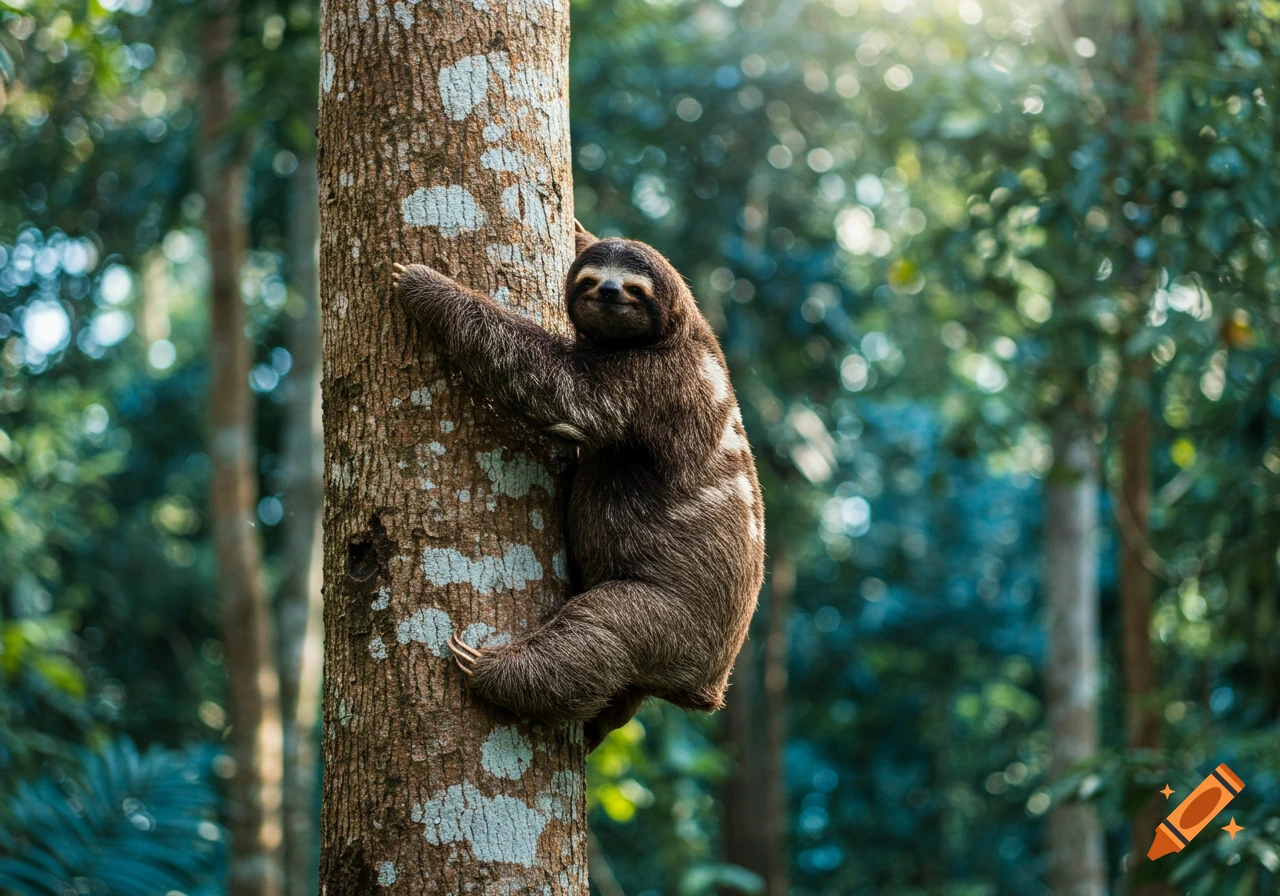 Photorealistic image of a sloth climbing a tree in a sunny forest. on ...