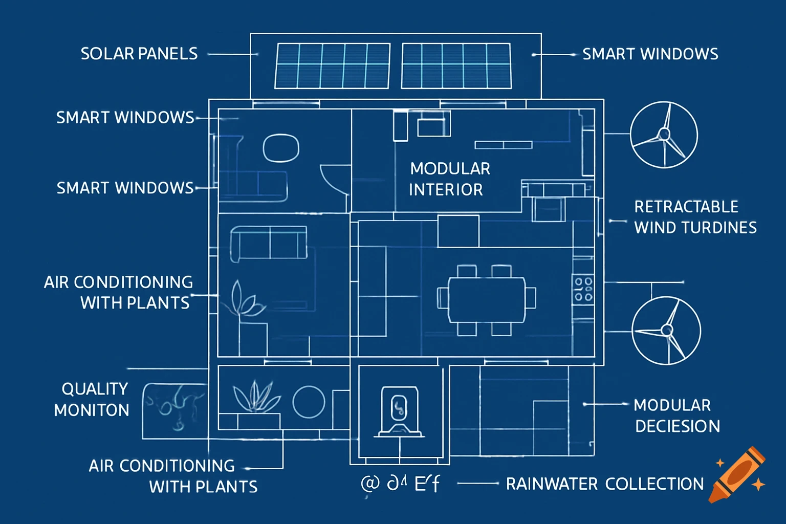 Blueprint drawing of a modern house with labels for features like solar panels, smart windows, and wind turbines.