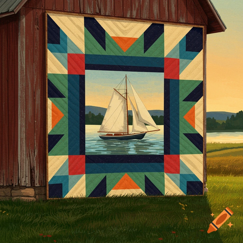 A large quilt featuring a sailboat on water hangs on the side of a rustic barn.