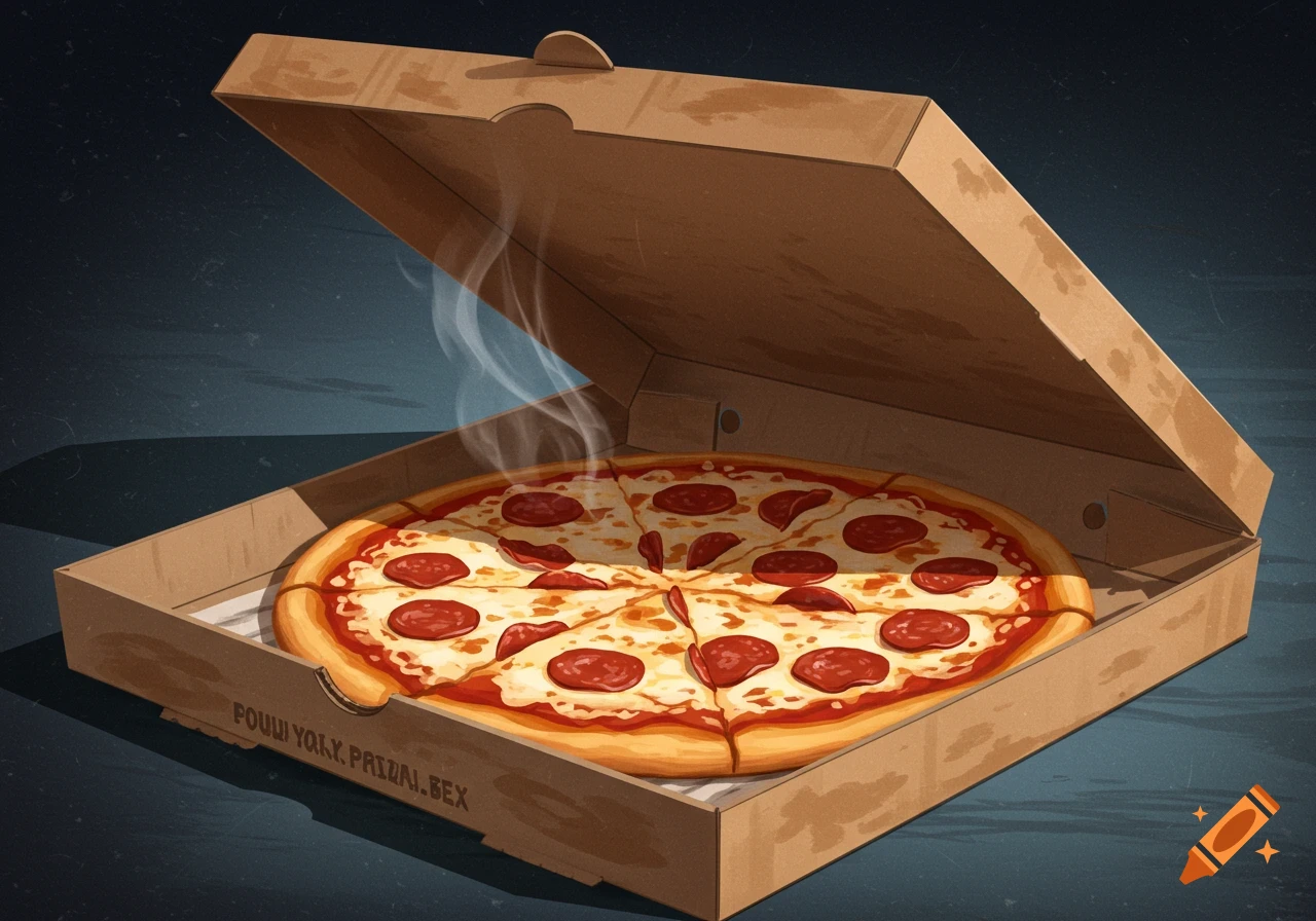 A steaming pepperoni pizza in an opened cardboard pizza box.